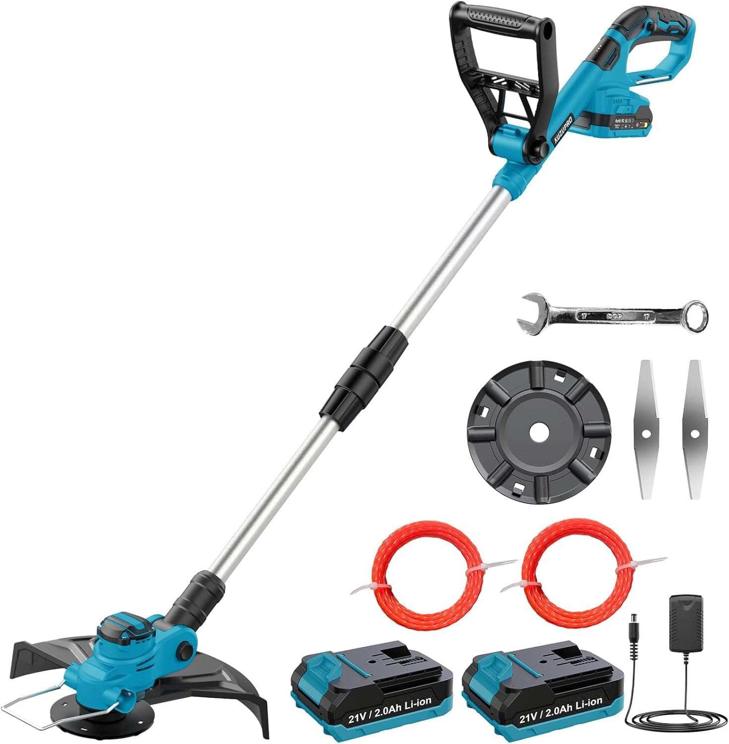 KUZUPRO 25EU-21V | Roçadora elétrica sem fios com motor brushless, 2 baterias, 2 lâminas, 2 bobines de fio e pega ajustável
