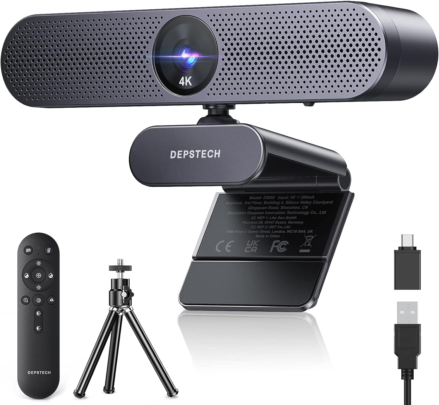 DEPSTECH Webcam 4K, equipado com sensor Sony, Full HD câmara Streaming Web CAM com microfone para PC, som estéreo, campo de visão ajustável, zoom 3X, correção de iluminação para videochamada