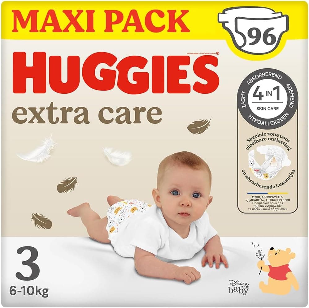 Huggies Fralda extra cuidado para bebé com desenhos Disney tamanho 3 (5 - 9 kg), 3 embalagens x 32 fraldas, 96 fraldas com almofadas extra macias que cuida da pele do bebé