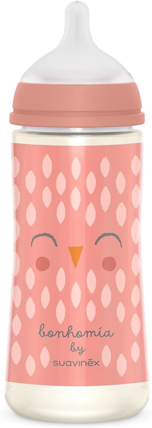 Suavinex, Biberão de 360 ml. Biberão de silicone SX Pro com cetina física, com válvula anticólica. Biberão de fluxo denso (L). Para bebés + 6 meses. Bonhomia, rosa
