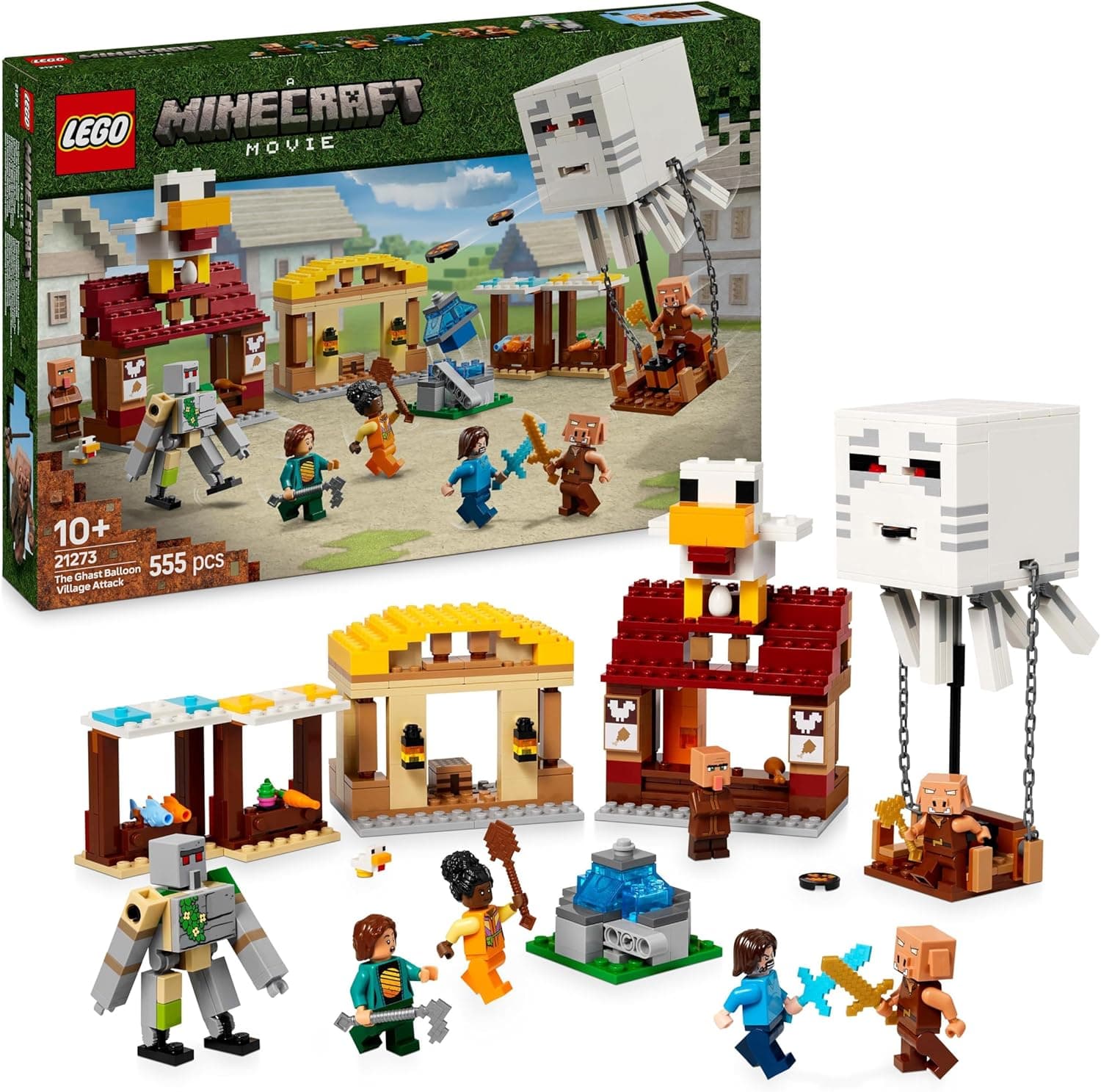 LEGO Minecraft o ataque da vila do balão de Ghast, conjunto de construção com casa de Steve de brinquedo para crianças e jogadores, fonte explosiva, 4 minifiguras de filme e Golem de ferro 21273