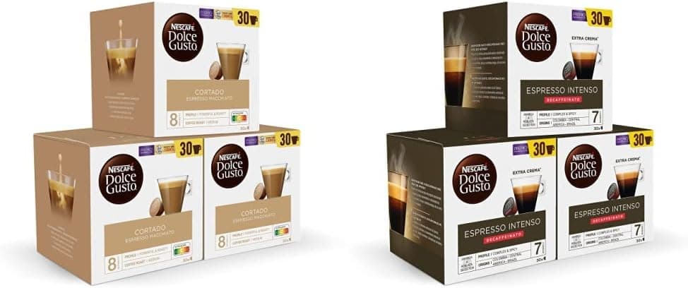 Dolce Gusto NESCAFÉ cortado - pacote de 30 cápsulas x3 - total: 90 cápsulas e NESCAFÉ expresso intenso descafeinado - pacote de 30 cápsulas x 3 - Total: 90 cápsulas