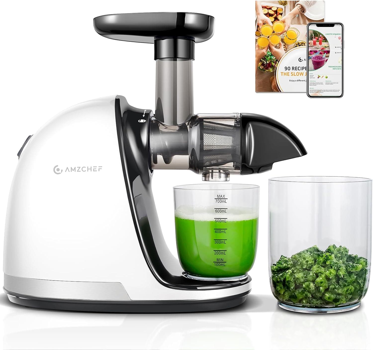 AMZCHEF Liquidificadora para legumes e frutas - Liquidificadora prensado a frio com função inversa - Cold press slow juicer machine 3 em 1 - extrator de sumos e legumes - 2 chávenas incluídas - branco