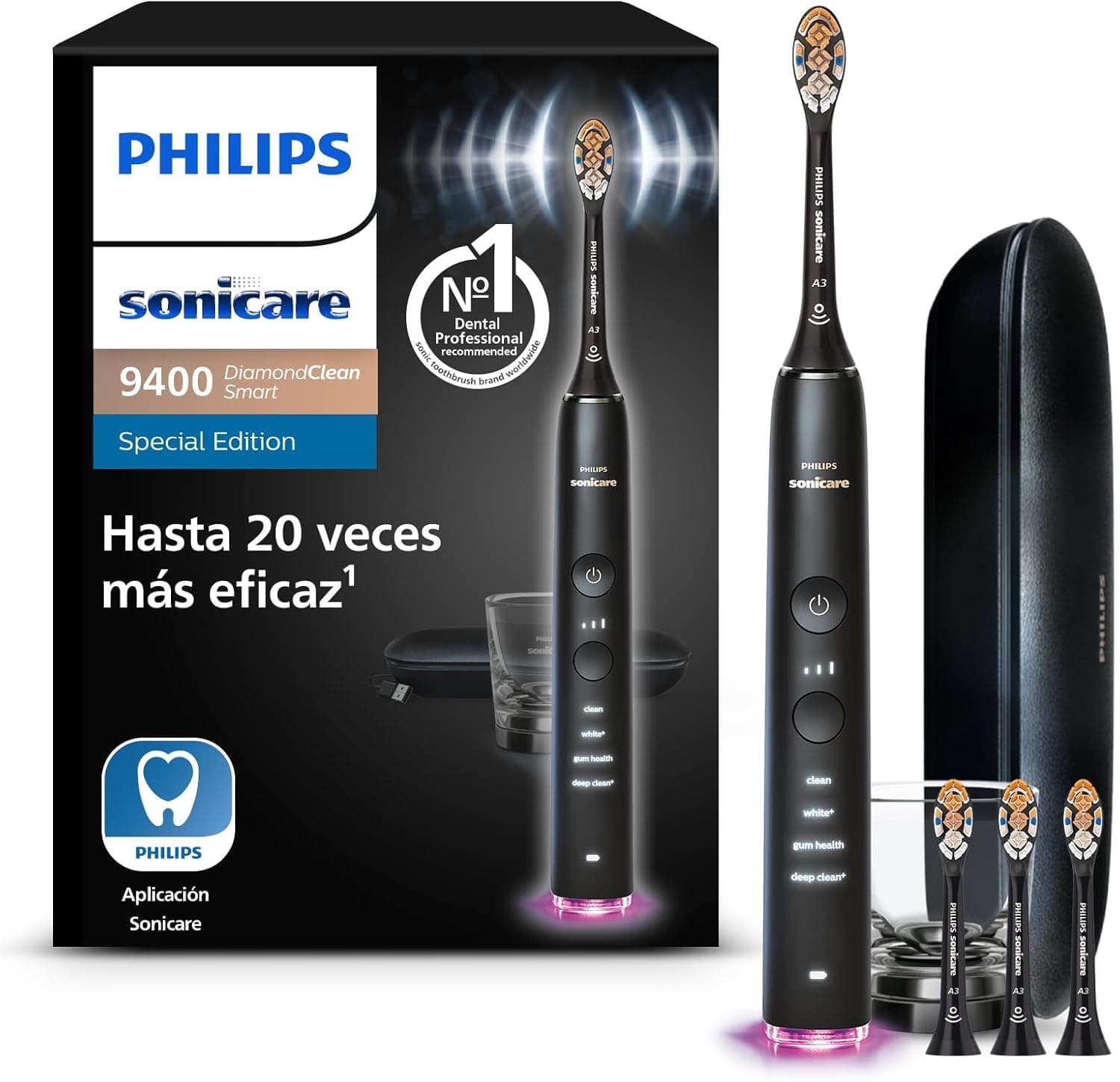 Philips Sonicare DiamondClean Smart 9400 escova de dentes elétrica, escova de dentes sónica com aplicação, sensor de pressão, 4 modos de escovação e 3 níveis de intensidade, preto, modelo HX9918/89
