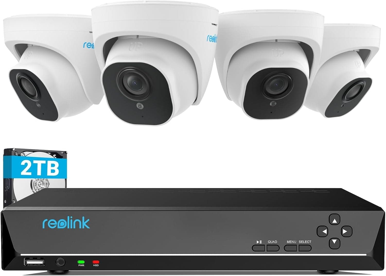 Reolink 4K Kit câmaras de vigilância PoE H.265, 4 x 8 MP detecção de pessoas/veículos câmaras IP PoE exterior e 8CH NVR com 2 TB HDD para gravação 24/7, visão noturna, áudio, alertas, RLK8-800D44 Kit