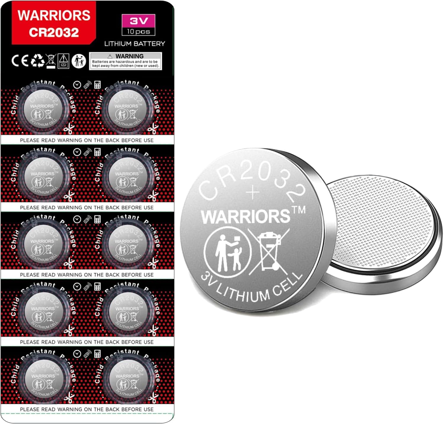 Warriors 10 x pilhas CR2032 pilhas 2032 3 V botão de lítio, embalagem à prova de crianças, para dispositivos eletrónicos, chaves de carro