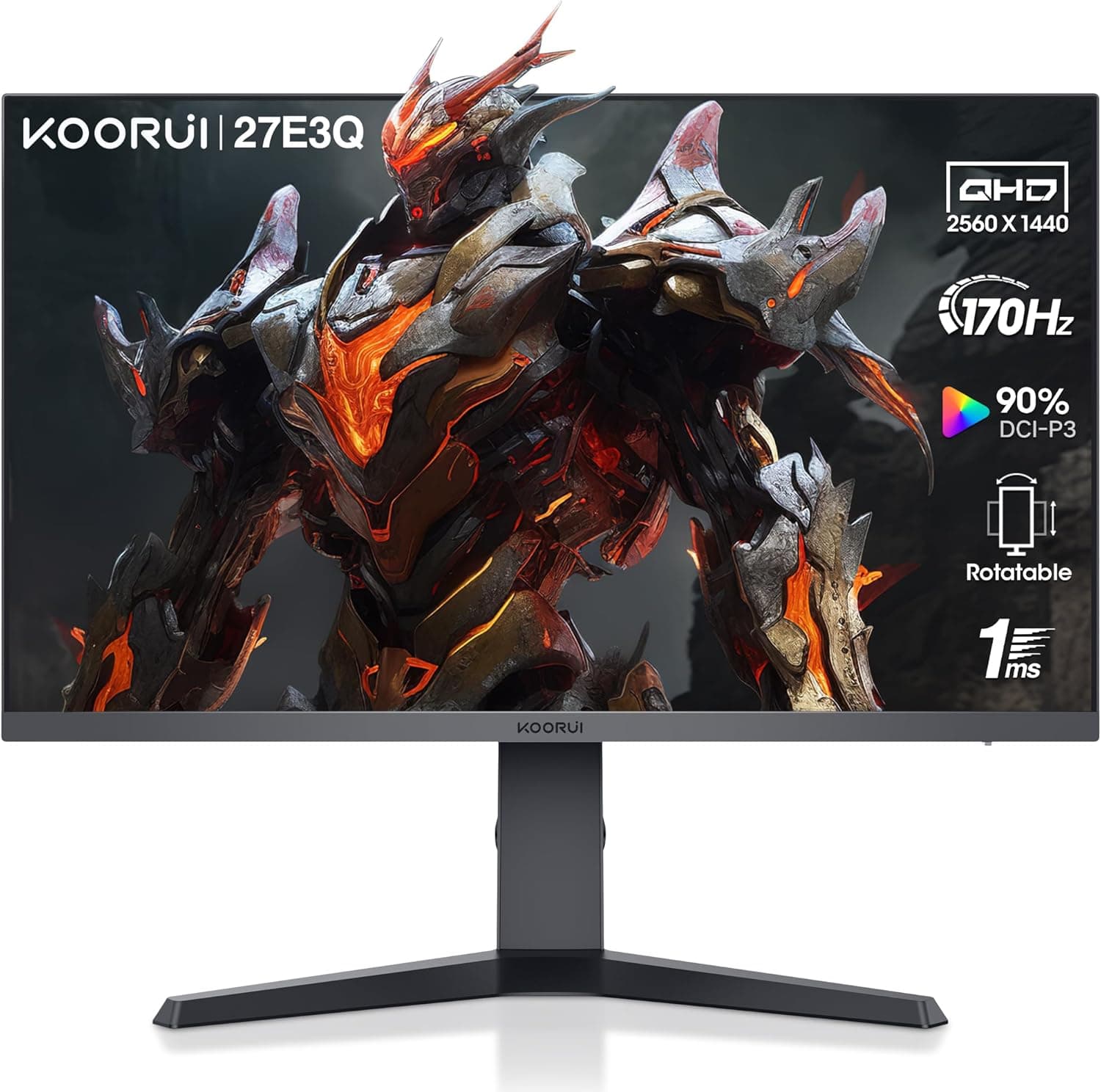 KOORUI Monitor de jogos, 2K Monitors de 27 polegadas, ecrãs computador QHD (2560 x 1440), IPS, 1 ms, Adpitive Sync, 2 x HDMI(144 Hz), DisplayPort (170 Hz), VESA, HDR 400, Alto. Tamanho ajustável