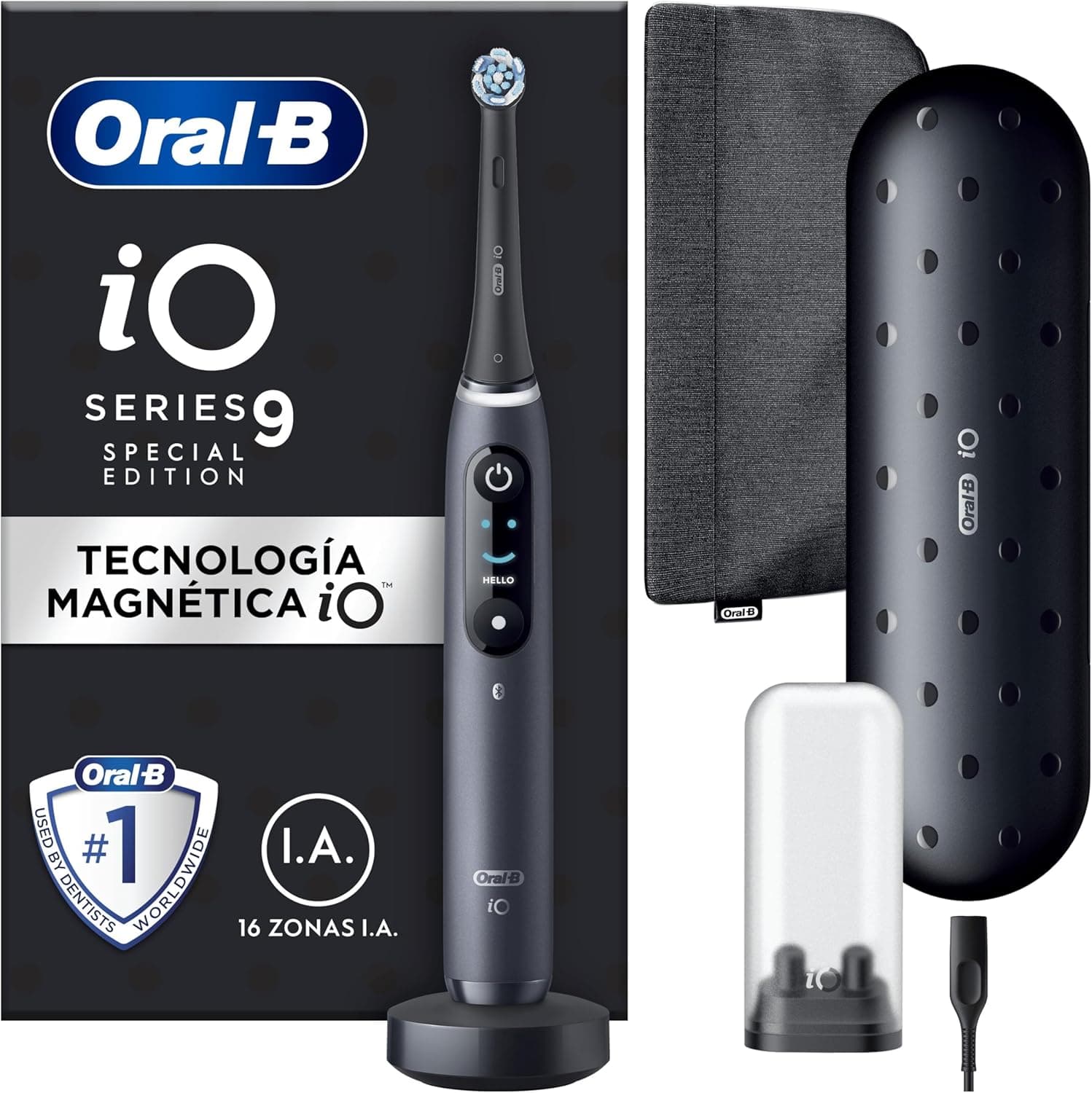 Oral-B iO 9 Escova de dentes elétrica com cabo recarregável, 1 cabeça, estojo de viagem com carregador e capa magnética, desenhado por Braun, presentes originais para mulher e homem - preto
