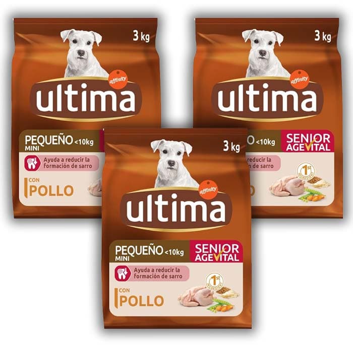 Ultima Pequeno sênior frango, comida seca para cães, 3 kg x 3