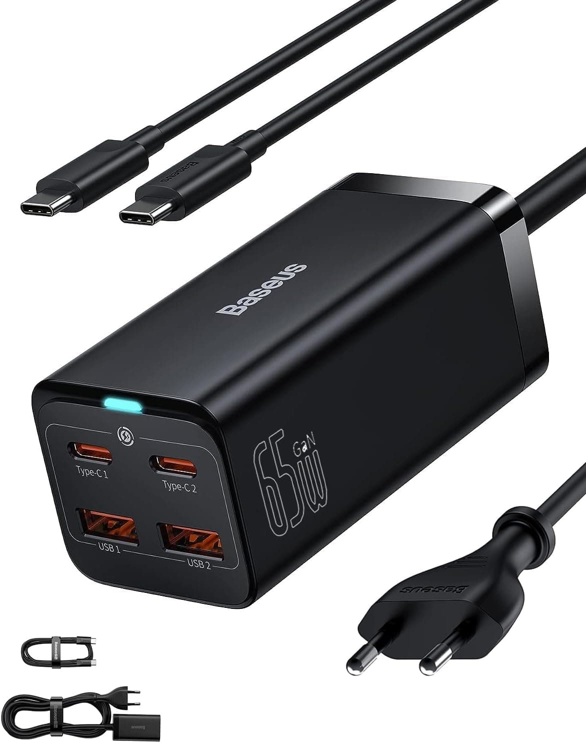 Baseus - Carregador USB C rápido de 65 W, PD GaN3 Fast Wall Block, 4 portas [2 USB-C + 2 USB] estação de carregamento com 5 pés AC cabo para MacBook Pro/Air, USB-C Laptop, iPhone 13/12, Samsung Galaxy