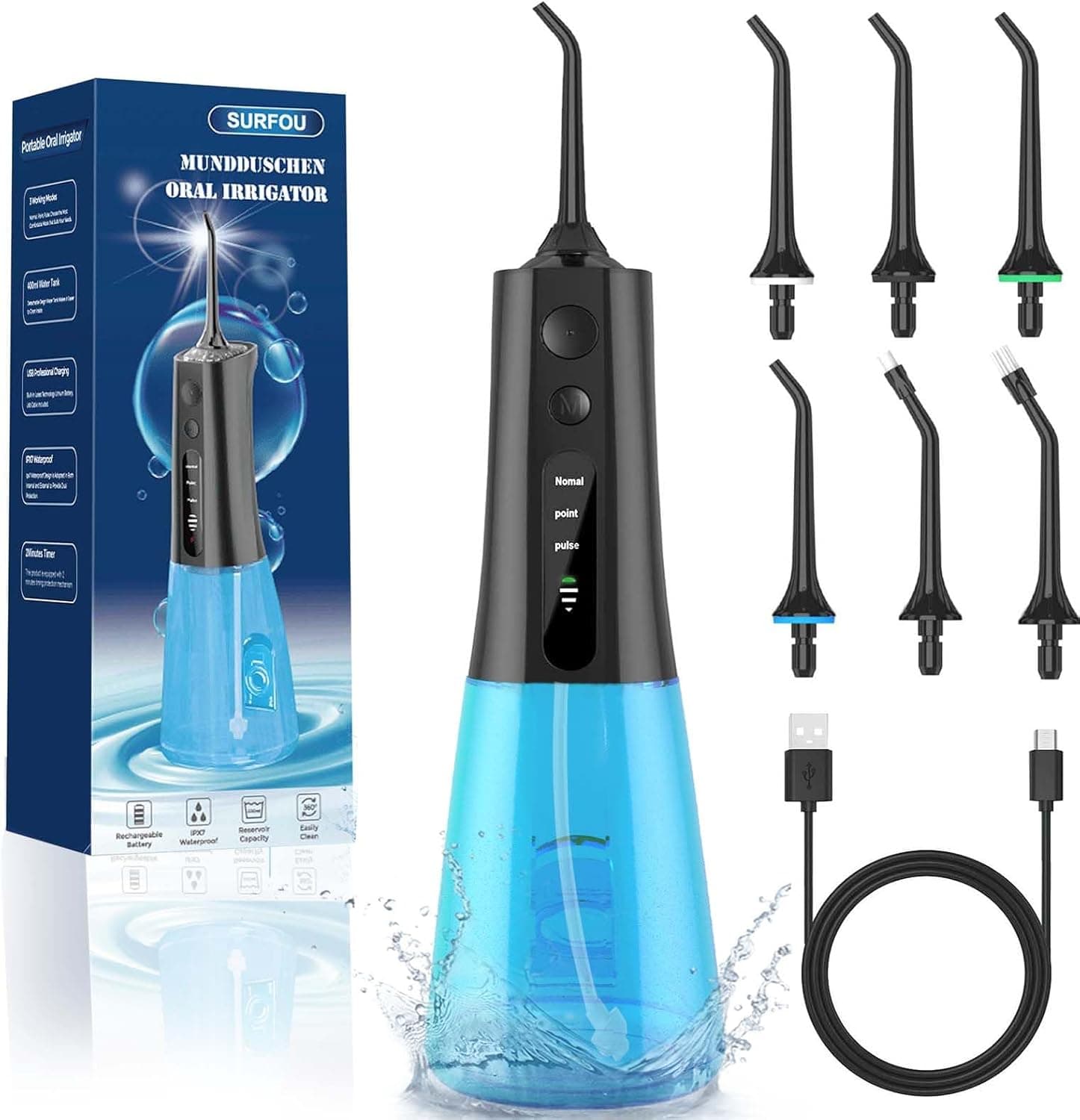 SURFOU Irrigador dentário portátil bucal de viagem, limpador de dentes água pressão irrigadores dentais bucais, água Flosser for Teeth limpeza, sem fios irrigador-dental com profissional irradiador