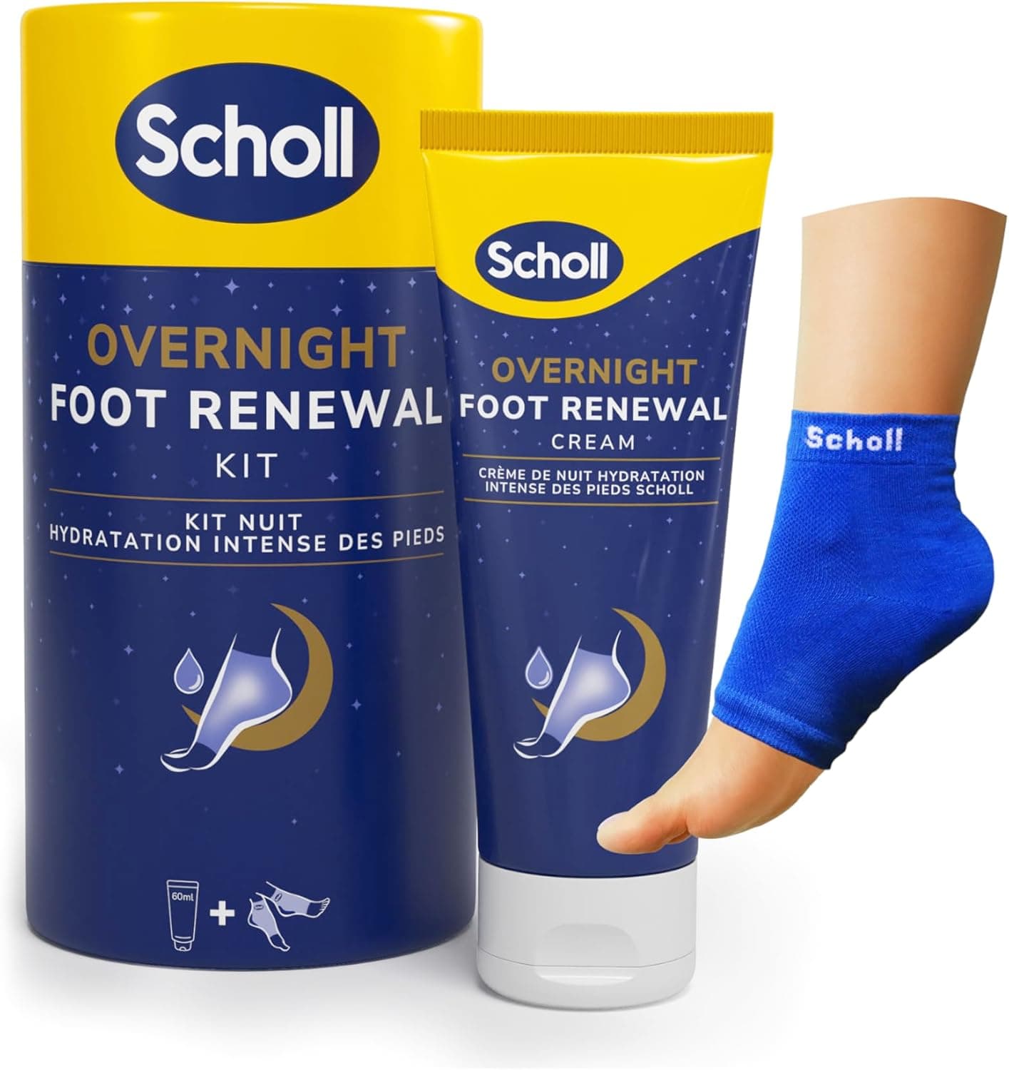 Scholl Kit noturno dos pés - creme para cuidados com os pés de 60 ml, salto de gel reutilizáveis 1 par - Hidrata os pés secos - resultados visíveis em 1 noite