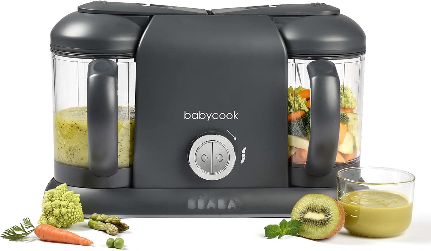 BÉABA Babycook Duo Robô de cozinha infantil 4 em 1, triturado, cozinha e cozinhe a vapor, rápido em 15 minutos, comida caseira para bebés e crianças, capacidade XXL, 2 x 200 ml, cinzento escuro