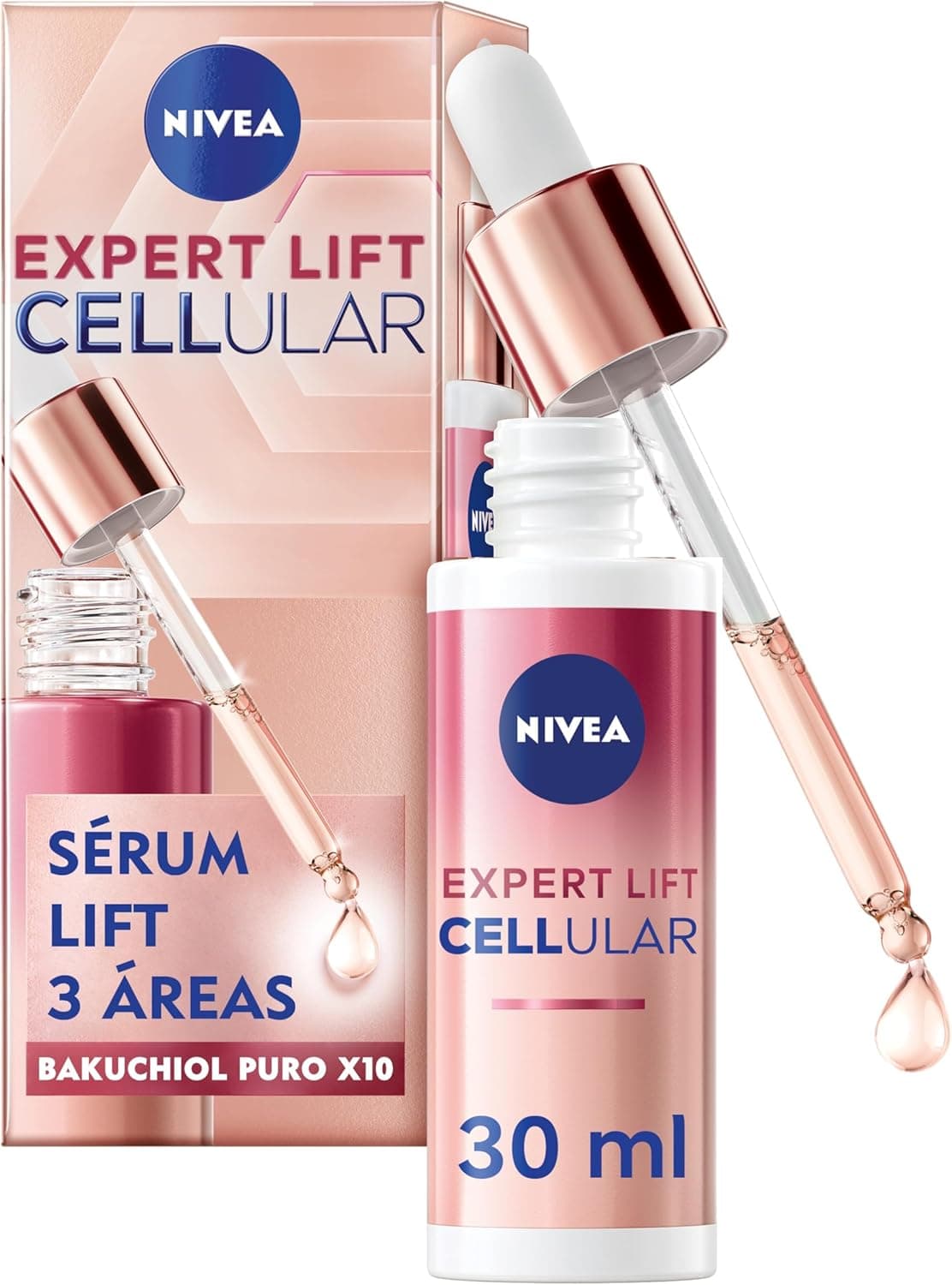 NIVEA Cellular Expert Lift Sérum Lift 3 áreas (1 x 30 ml), soro antirrugas com x10 Bakuchiol puro altamente concentrado, soro anti-idade para rosto, pescoço e decote
