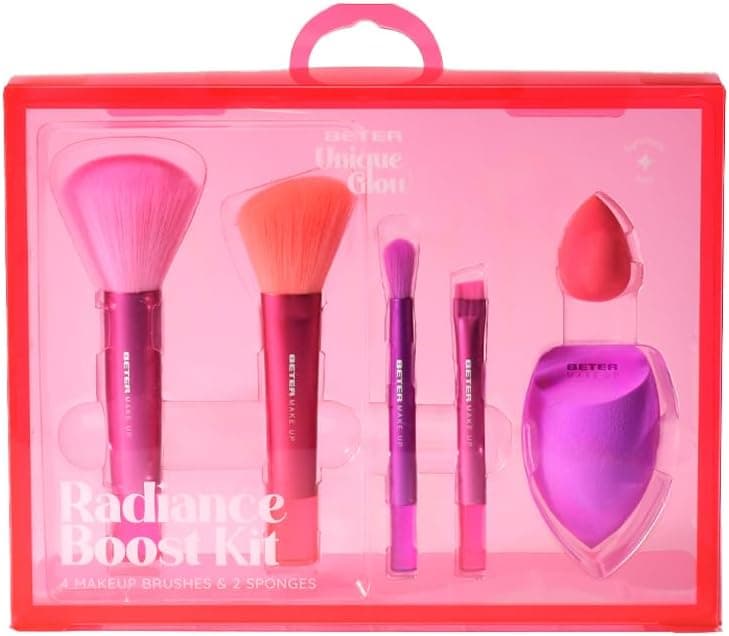 Beter - Conjunto de pincéis e esponjas de maquilhagem, 4 pincéis vegan e 2 esponjas, conjunto pincéis de maquilhagem, pincéis para rosto e olhos, para pós, colorete e sombras, Beauty Blender, presente