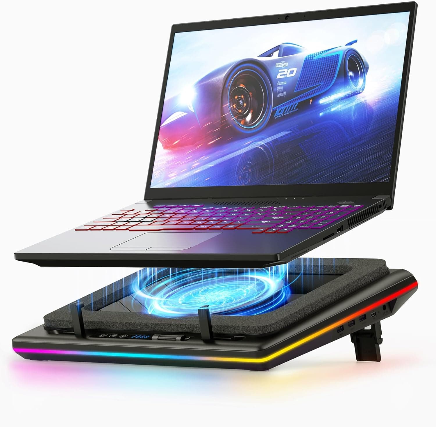 llano Base de refrigeração portátil Gaming RGB com velocidade ajustável ventilador turbo de 14 cm extra hub USB de 3 portas e filtro de pó para portáteis de 38 a 48 cm