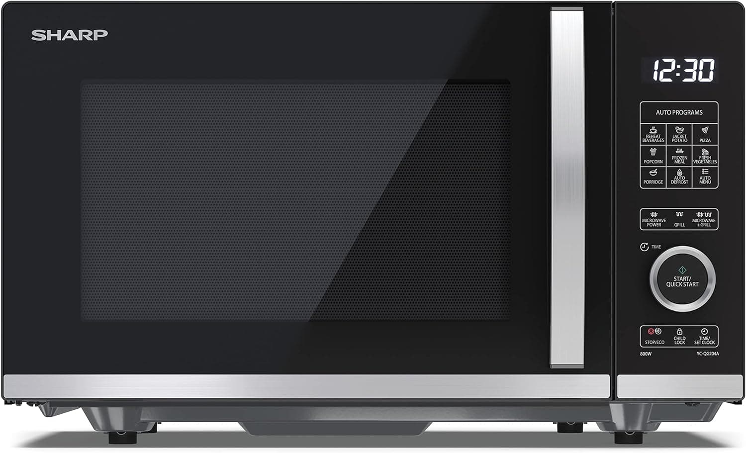 SHARP YC-QG204AE-B Microondas com grill e tecnologia Flatbed (sem plataforma giratória) 800W, 20L, 10 níveis de potência, função eco-descongelada), cor preta