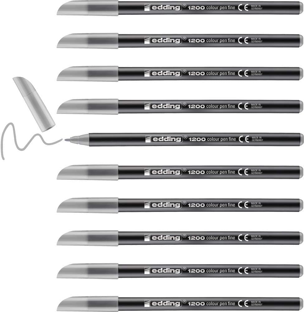 edding 1200 marcador de cor de traço fino - cinzento prateado - 10 marcadores - ponta redonda de 1 mm - marcador desenhar e escrever