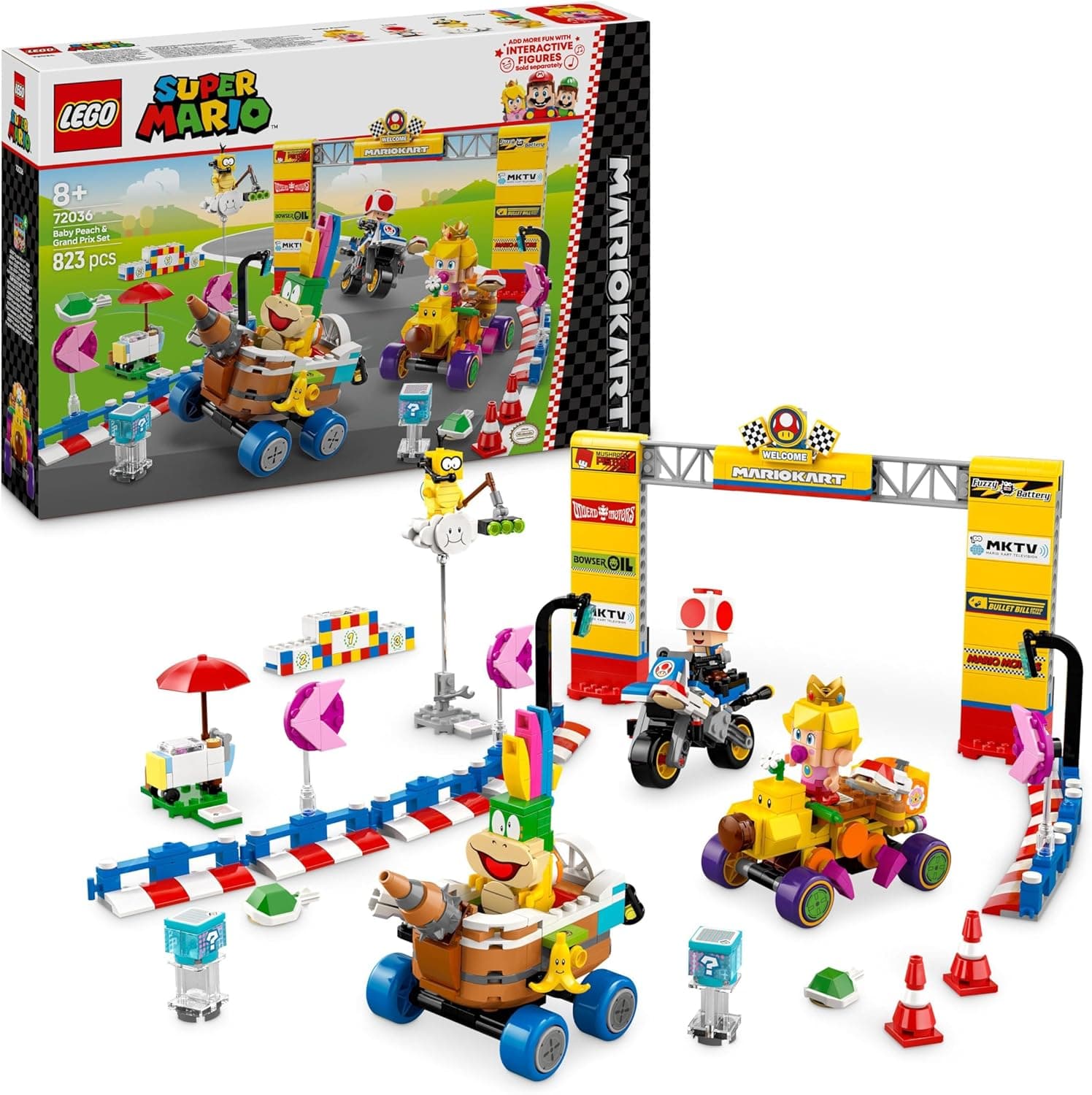 LEGO Super Mario: Mario Kart: Conjunto bebé Peach e Grand Prix, pista de corridas e figuras (Toad, Lakitu, bebé Peach e Lemmy), brinquedo de motociclo, presente da Nintendo para meninos e meninas de 8