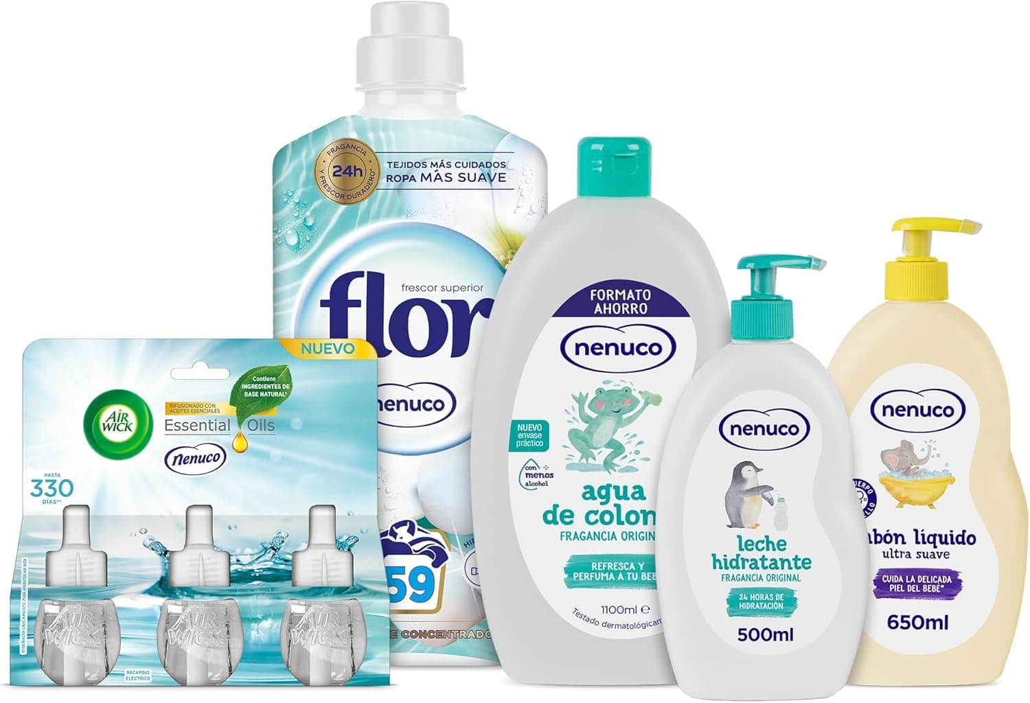 Nenuco Sabão líquido ultra-suave, 650 ml água de colónia, 1100 ml loção hidratante, 500 ml concentrado, 59 lavagens gel detergente cólon, 34 lavagens + Air Wick Electric 3 Unidades