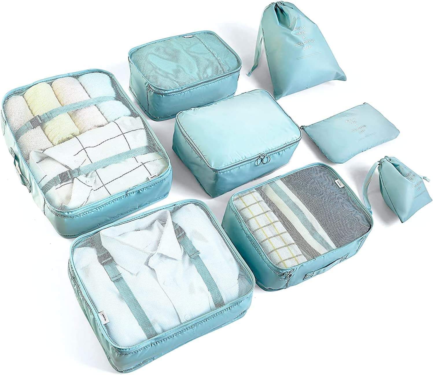 BillyBath Conjunto organizador de malas, cubos de embalagem, sacos de roupa, sacos de sapatos, organizador de viagem, cubo de viagem, sacos de embalagem para malas (8 peças, verde azulado)