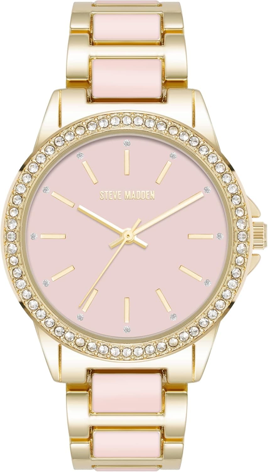 Steve Madden Light Pink/Gold | Relógio feminino com bracelete decorada com cristais
