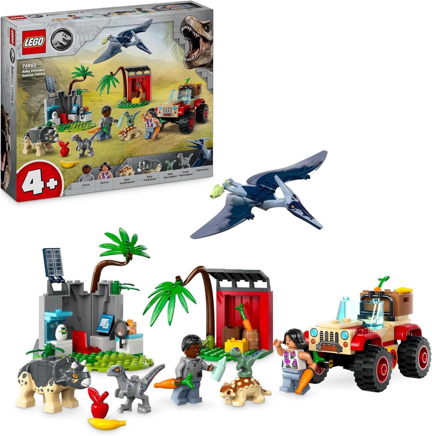 LEGO 76963 Jurassic World Centro de resgate de dinossauros para bebé, brinquedo com figuras de triceratops e velociraptor