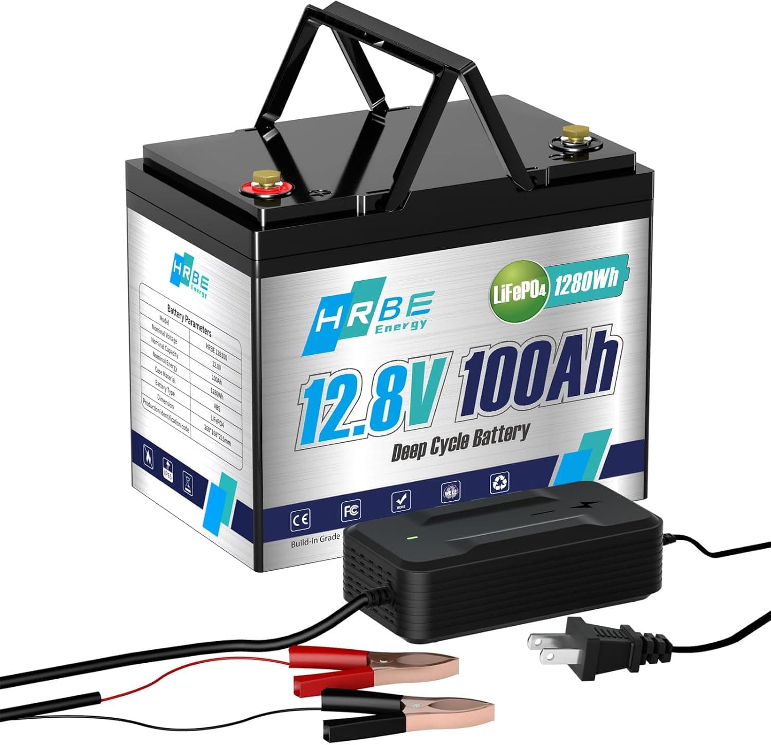 HRBEENERGY 12 V 100 AH LiFePO4 Bateria, bateria de lítio de 1280 Wh com carregador, proteção estável BMS incorporada, 7000 recarga de ciclo profundo, especial para RV Solar Marina Off-Grid