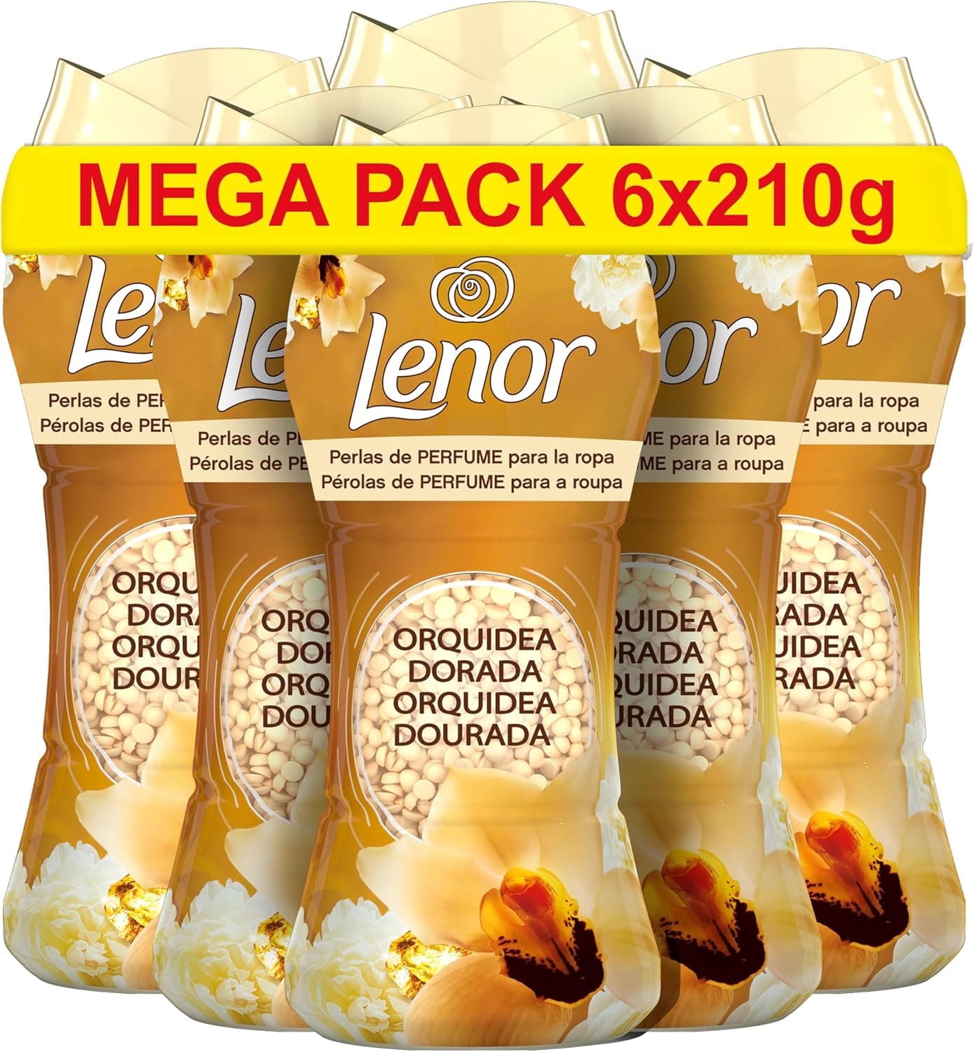 Lenor Classics orquídea dourada, pérolas de lavar perfumadas 93 lavagens (6 x 210 g), pérolas suaves para roupa, potenciador de frescura para lavagem