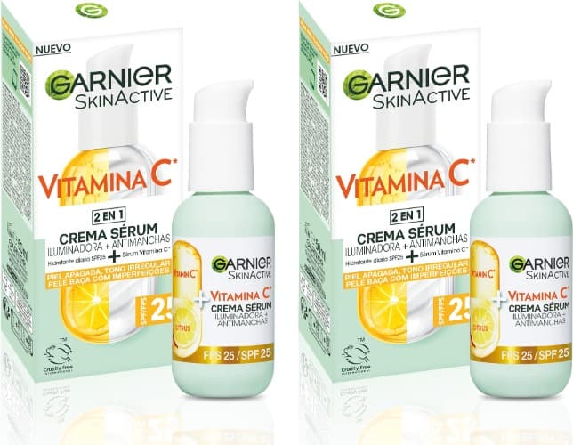 Garnier, Sérum facial iluminador e anti-manchas, 2 em 1, com 20% vitamina C e SPF25, não gordo, clinicamente testado, 50 ml x 2