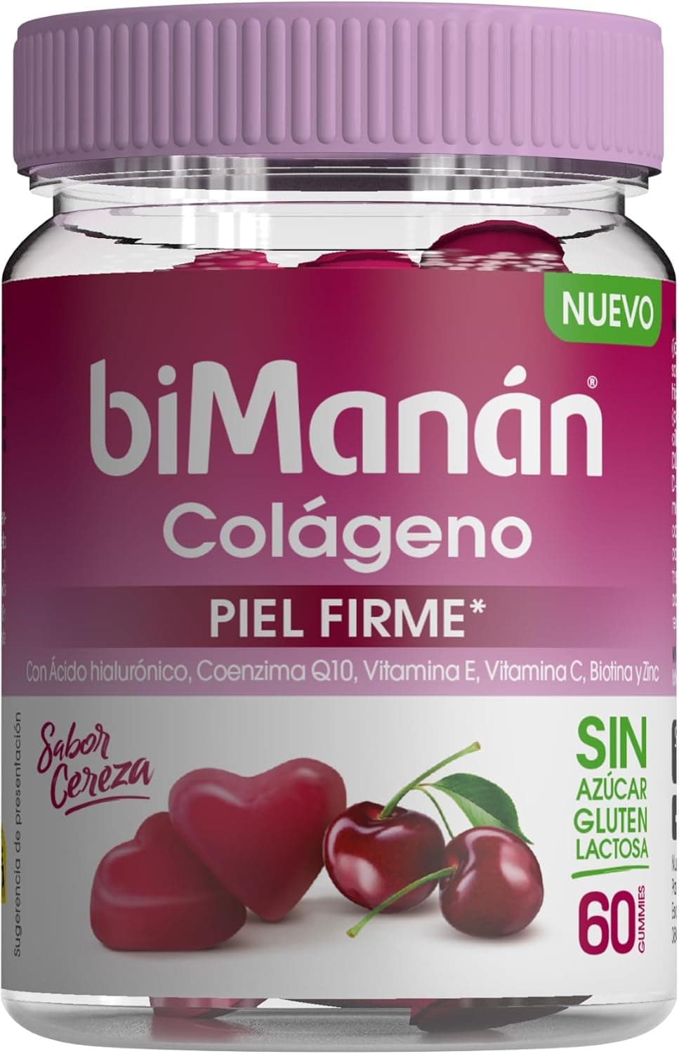 BIMANÁN COLÁGENO - pele firme complemento alimentar com ácido hialurónico CoQ10, vitamina E, vitamina C, biotina e zinco, ajudam a manter a pele em ótimas condições, sabor cereja, 60 gummies