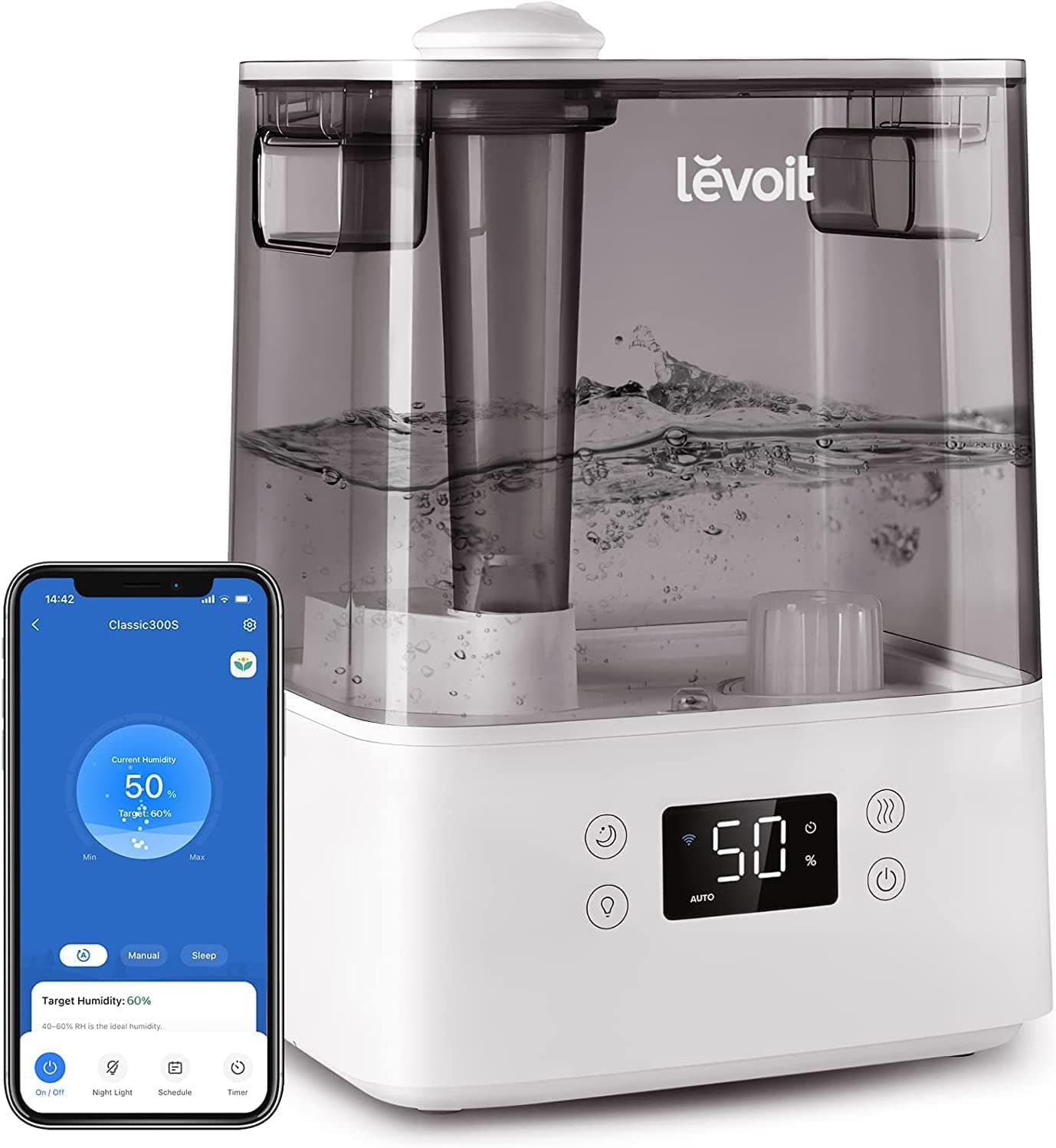 LEVOIT Humidificador ultrassónico 6 L de aromas, Top-Fill, dura 60H a 47 m², silencioso<26 dB, modo automático, compatível com Alexa e APP, ecrã LED e luz de noite, cinzento (Classic 300S)