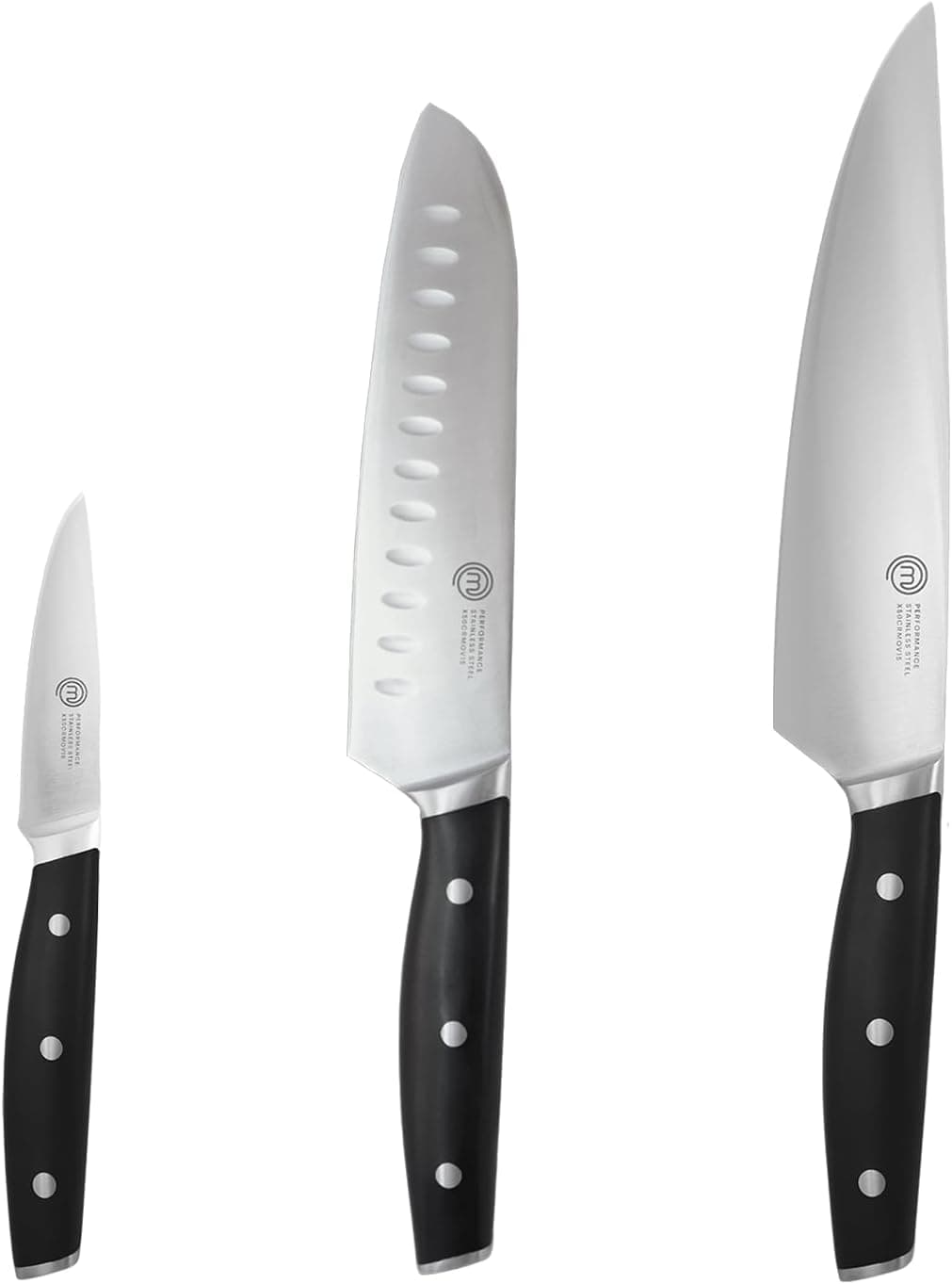 MasterChef Conjunto de facas de cozinha profissional com faca de chef, Santoku e tomate em inox com alto conteúdo em carbono com cabeças e alças de rebite tripla, espiga cheia, 3 peças