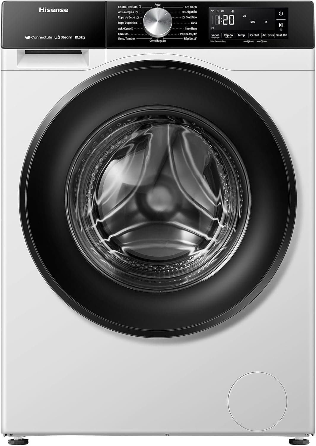 Hisense WF3S1043BW3 Máquina de lavar a vapor, classe A, 10,5 kg, conectividade Wi-Fi, função de vapor 99,9%, lavagem automática, lavagem rápida de 15", PureJet, branco [Classe energética A]