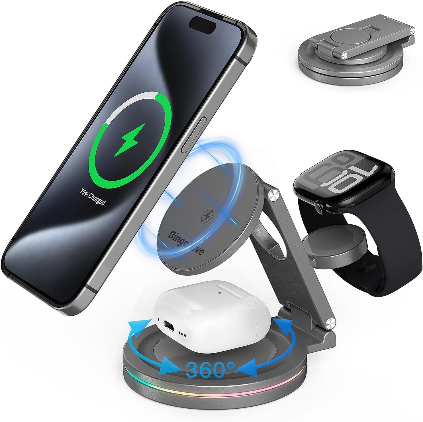 BingoHive Carregador sem fios 3 em 1 rotação de 360 ° para iPhone Apple Watch AirPods estação de carregamento Apple dobráveis base carregador iPhone 12-16 e Apple Watch 10 - liga de zinco 10 W