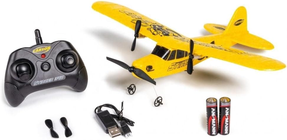 Carson 5005029 Stinger 340 2.4G 100% - avião de controlo remoto, avião RC, modelo robusto RTF (Ready to Fly) para iniciantes, inclui pilhas e controlo remoto, amarelo