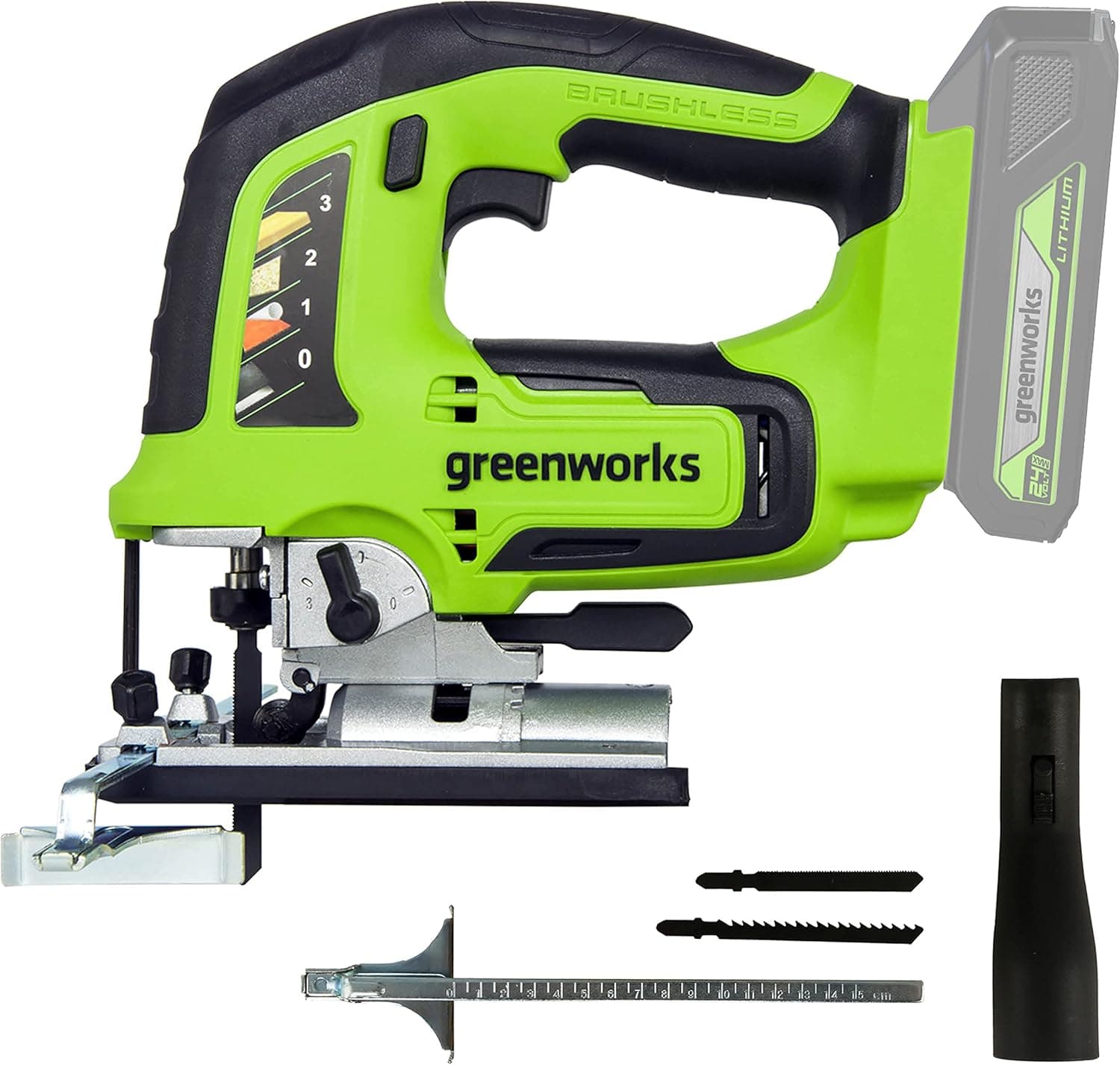 Greenworks GD24JS Serra de calar a bateria, 3000 spm, base ajustável até 45°, acessório de aspiração, sem bateria de 24 V e carregador, garantia de 3 anos