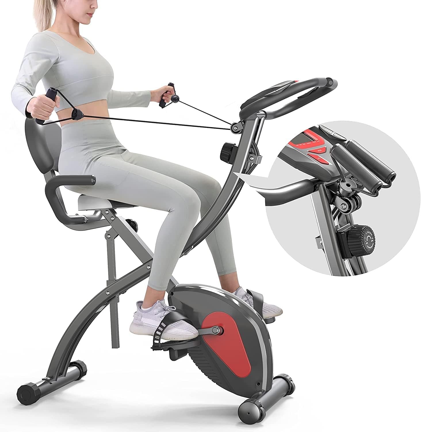 PROIRON Bicicleta estática dobrável, fitness bicicleta de exercício com encosto, faixa de resistência, 8 níveis de resistência magnética, sensor de pulso, altura ajustável, peso máximo 120 kg