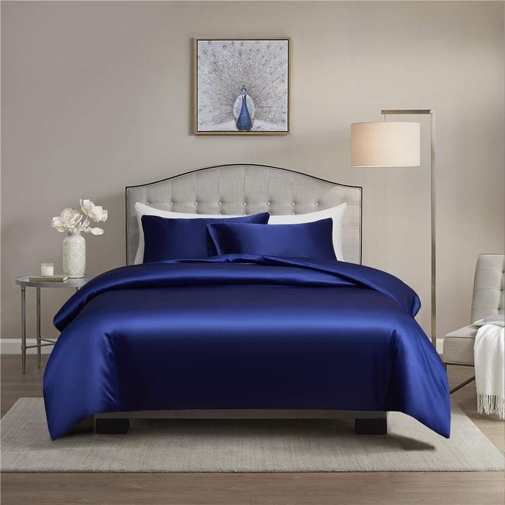 Gnomvaie, Conjunto de capa de edredão em cetim de 220 x 240 cm, 3 peças, preto, suave, brilhante, sedoso, confortável, de poliéster acetinado, com fronha de 80 x 80 cm, azul