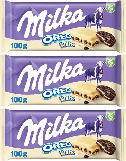 Milka Oreo Tablet de chocolate branco com pedaços com bolacha ouro e enchimento de baunilha 100 g