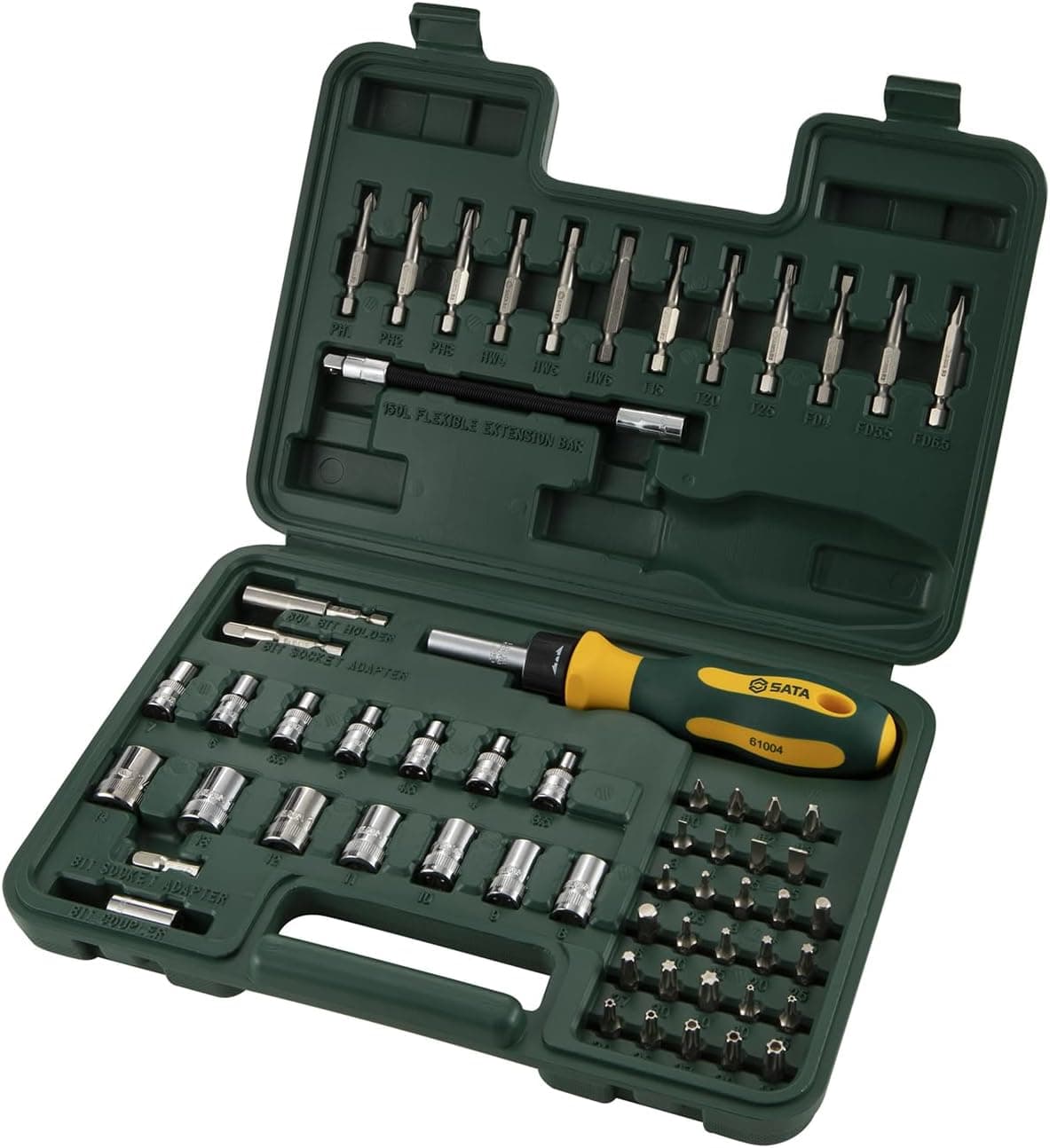 SATA ST09324SJ Conjunto de chaves de fenda de brocas de catraca de 60 peças com tomadas de 6 pontas de 1/4" e corpo em aço cromado vanádio duradouro