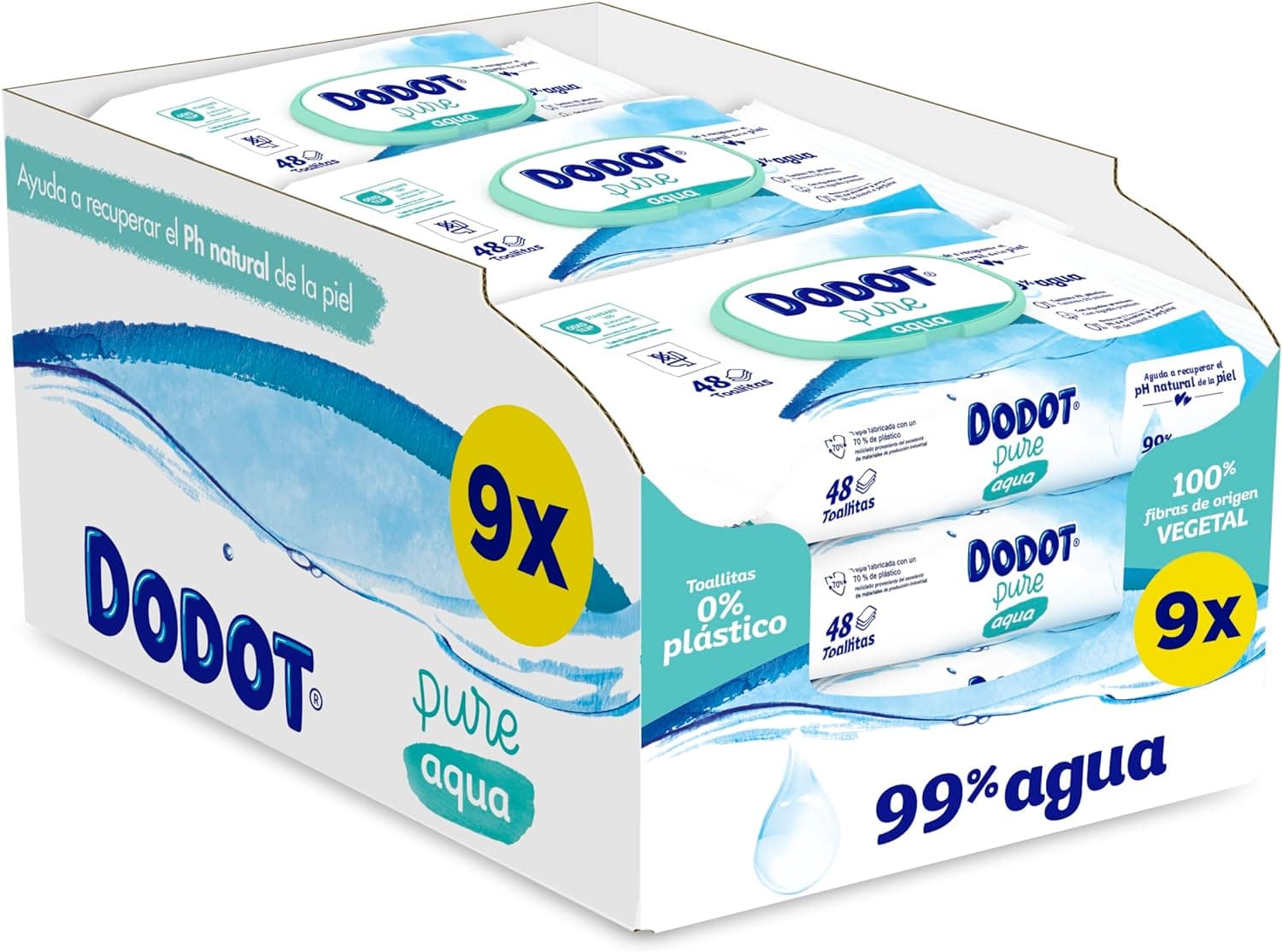 Dodot Toalhetes Pure Aqua para bebé 9 pacotes de 48 unidades = 432 toalhetes, ajudam a restaurar o pH natural da pele, 99% água