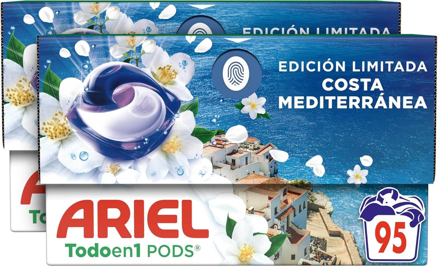 Ariel Tudo em 1 PODS Brisa marinha e jasmim, detergente líquido para máquina de lavar em cápsulas, 95 lavagens, edição limitada costa mediterrânica
