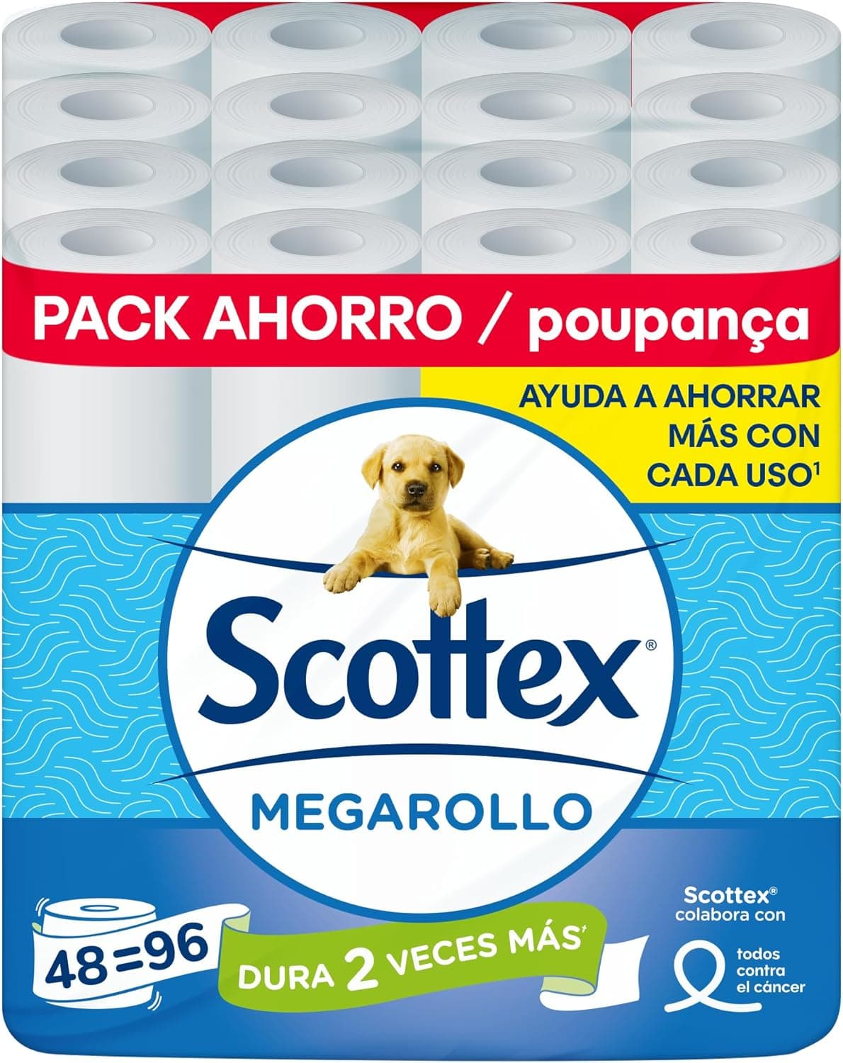 Scottex Megar-rolo | Papel higiénico seco com textura suave e dupla folha, pack de 48 rolos equivalente a 96 rolos padrão