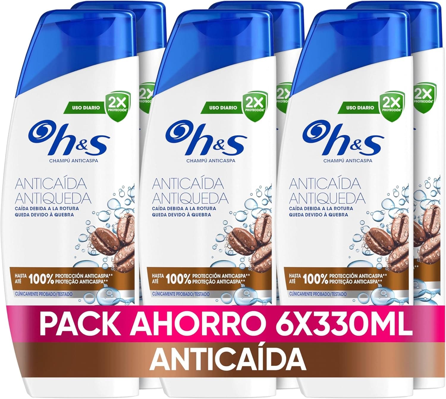 H&S Champô anti-caspa anti-queda para homem, 6 x 330 ml, uso diário, com cafeína, até 100 % de proteção anti-caspa, clinicamente testado, para todos os tipos de cabelo e couro cabeludo