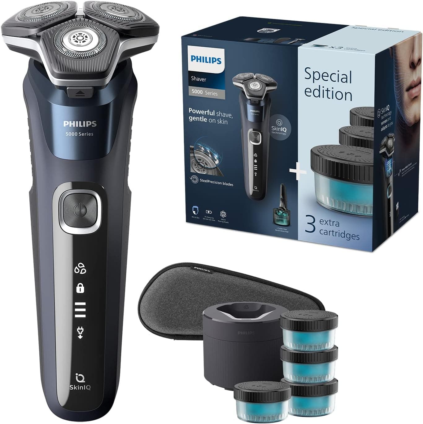 Philips Série 5000 máquina de barbear elétrica para homem, máquina de barbear com aparador, 45 lâminas, 60 min de uso, seco e húmido, recarregável, centro de limpeza, 4 cartuchos S5885/69, azul