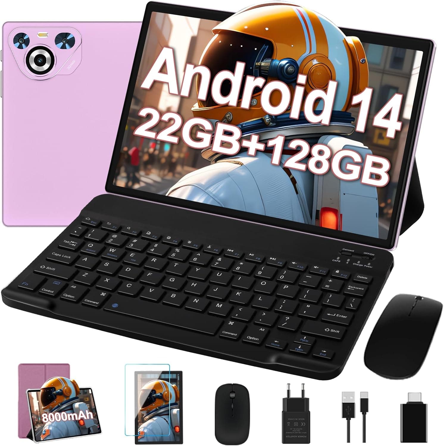 Dghrti Tablet Android de 10 polegadas, 22 GB RAM+128 GB ROM (1TB TF), CPU Octa-Core, 8000 mAh, Widevine L1, Dual WiFi, BT 5.0, Face ID, 5 MP+8 MP, com capa metálica, teclado Lado e rato - Violeta