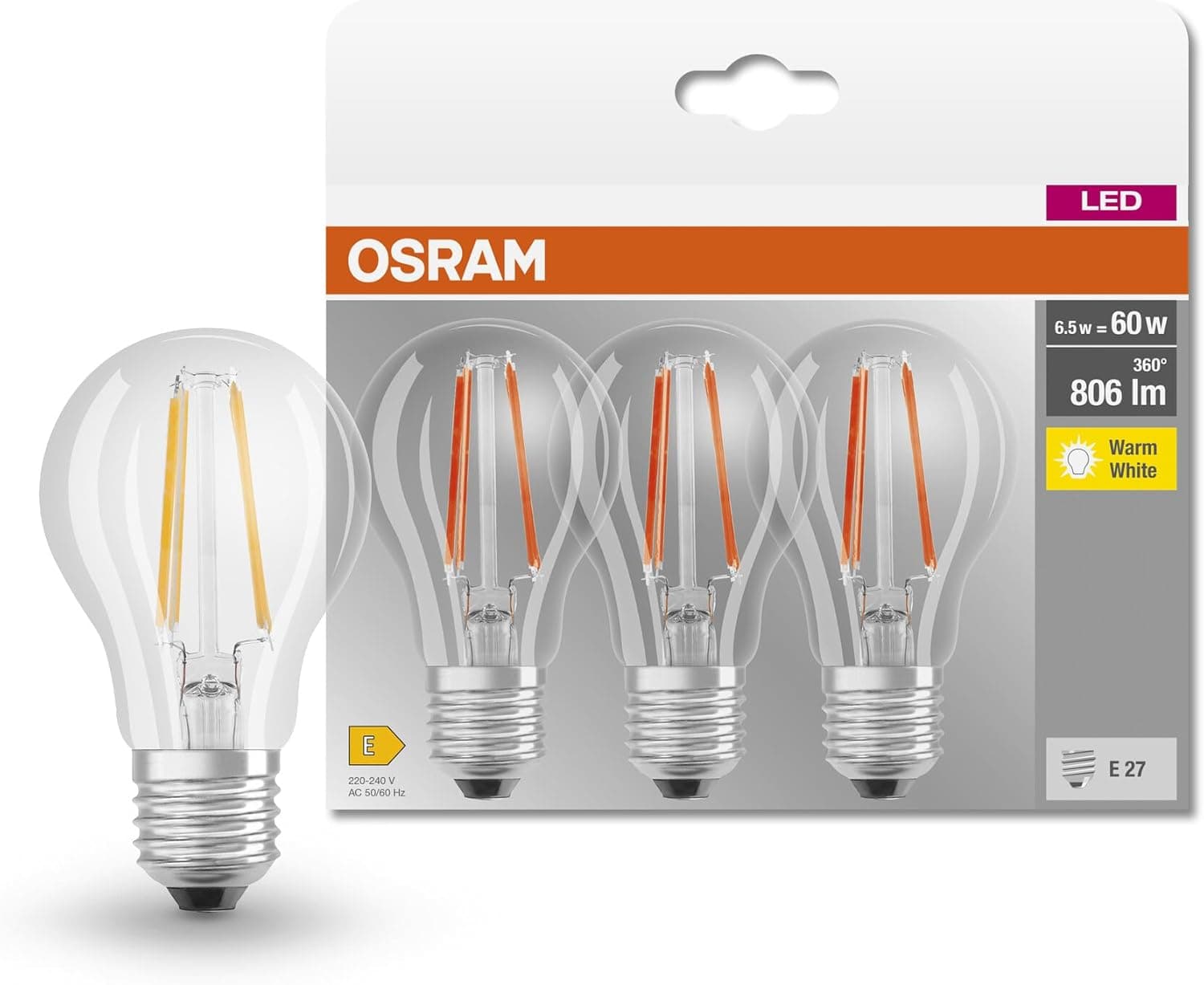 Osram 819290 Lâmpada LED E27, 6,5 W, branco quente 3 unidades