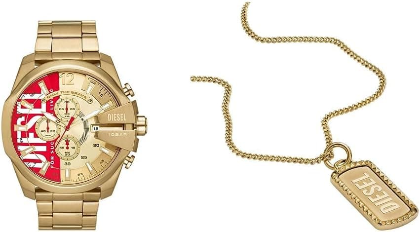 Diesel - Relógio para homem Mega Chief e Dog Tag - movimento cronógrafo, aço inoxidável banhado a ouro