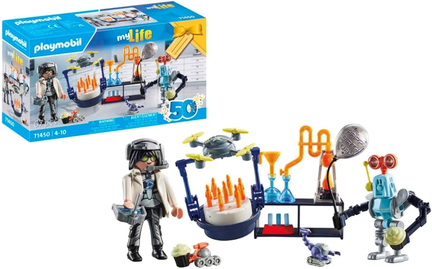PLAYMOBIL myLife 71450 Pesquisador com robôs, festa temática de ciência no laboratório, com um drone de transporte e robôs incluídos, brinquedos para crianças a partir de 4 anos